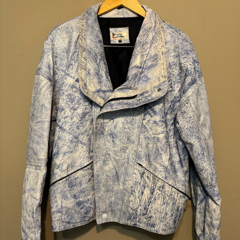 GENUINE LEATHER Vintage 80’s Acid Wash Denim Blue Moto Bomber Jacket Mexico Made